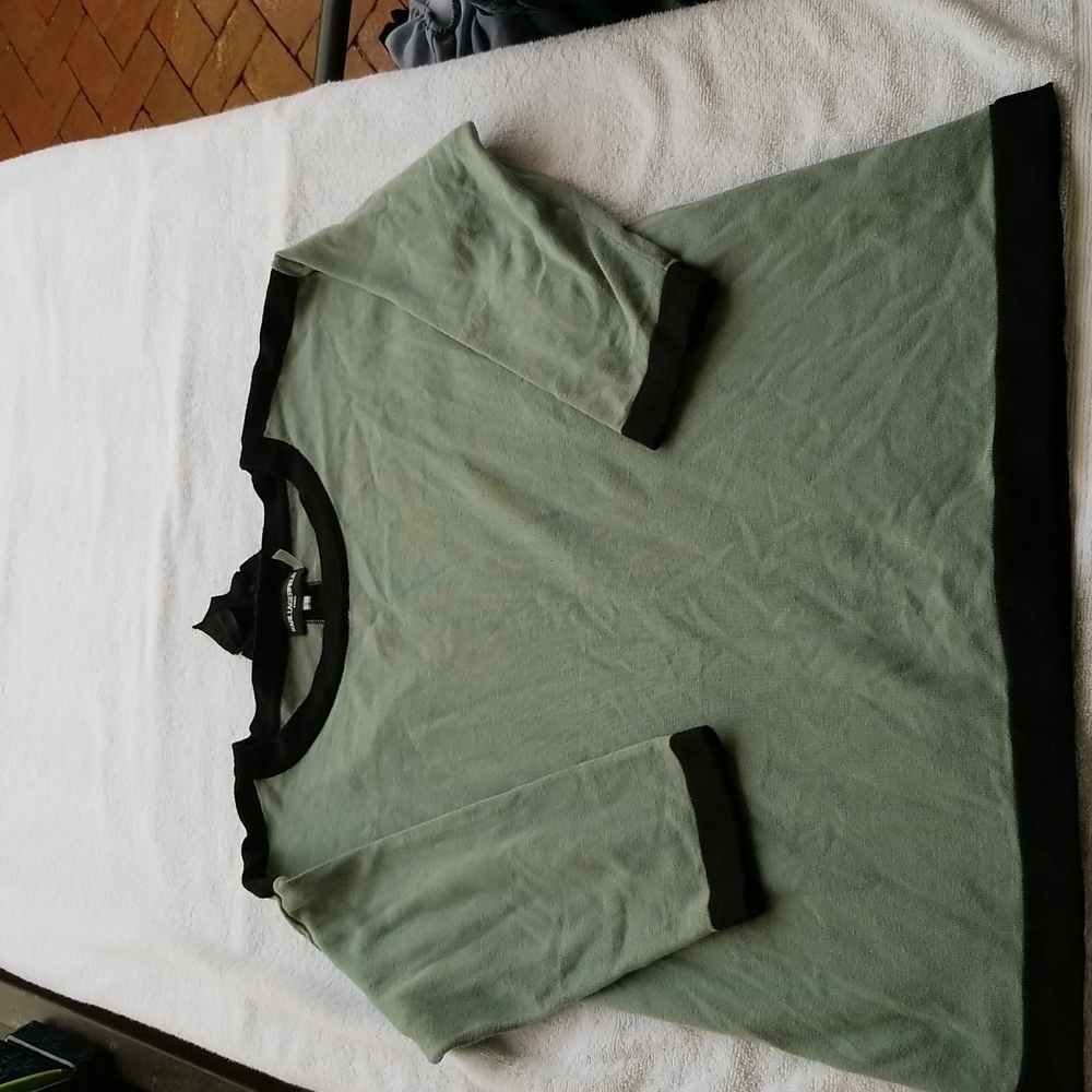 Very French Karl Lagerfeld Paris Green Sweater with Black Trim, Back Neck Bow, M